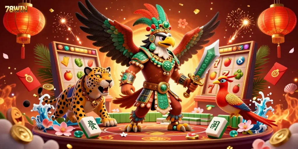 The Aztec warrior eagle enhances 78WIN's vibrant casino atmosphere, surrounded by slot machines and gold coins.