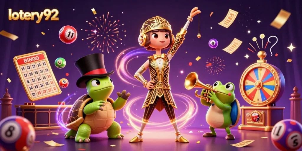 Engage with lotery92 in a vibrant 3D illustration filled with lottery excitement and colorful elements.