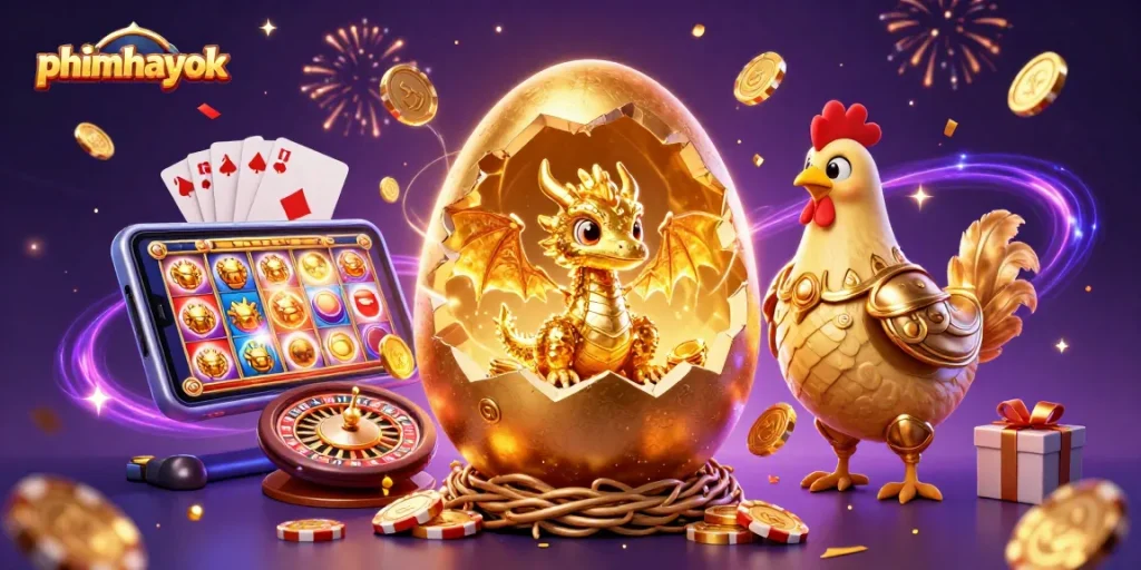 Experience thrilling gameplay at phimhayok with our vibrant 3D casino illustration featuring golden elements and dynamic games.