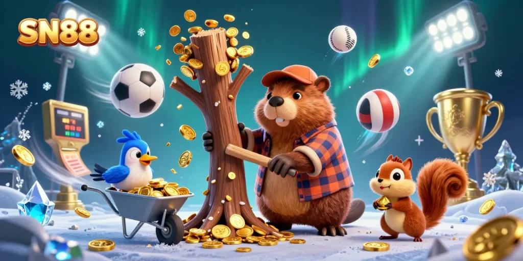 Engage with SN88’s dynamic sports betting scene featuring cartoon characters and vibrant gambling elements.