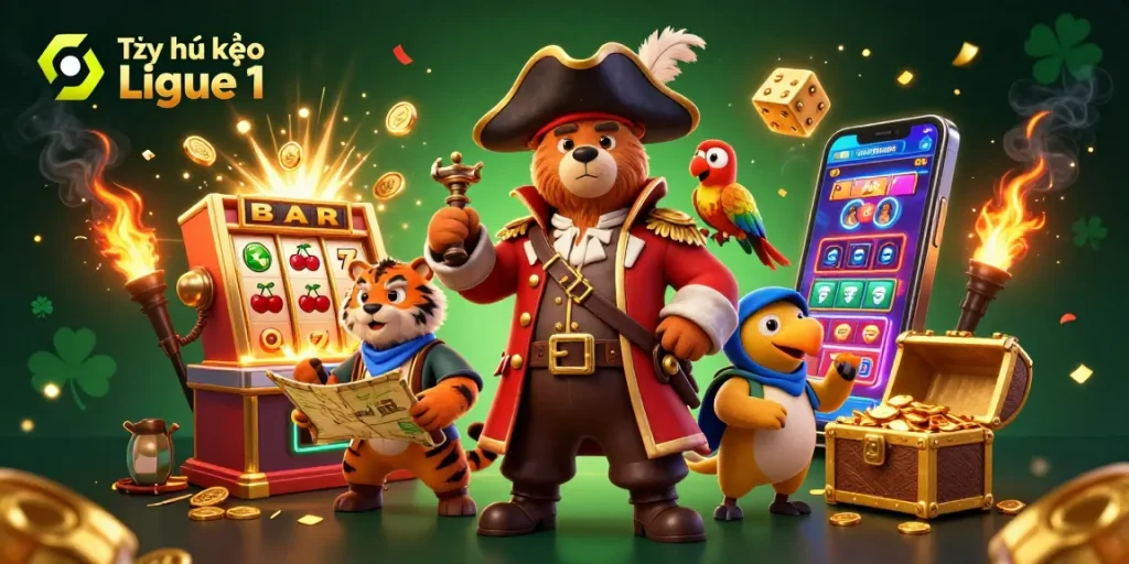 Engage in Tỷ lệ kèo Ligue 1 betting as cartoon characters share jackpot excitement with slot machines.