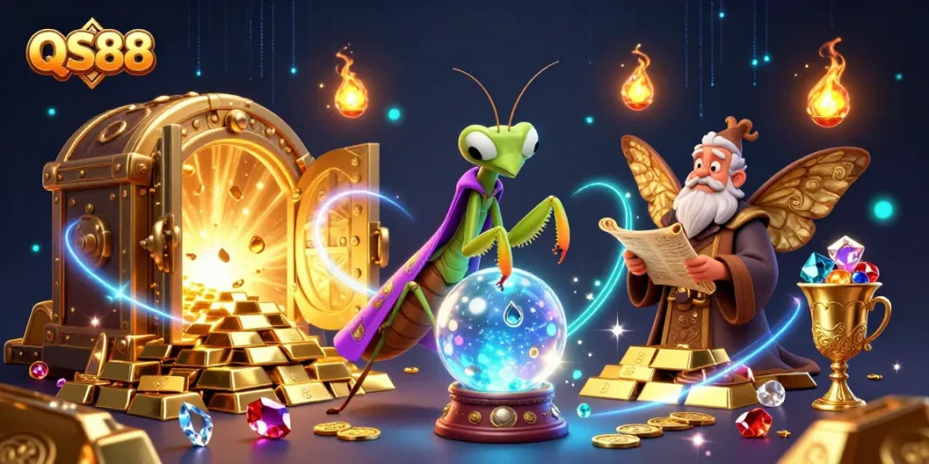 Engage with QS88's thrilling fortune teller scene filled with treasure, gems, and mystical elements.