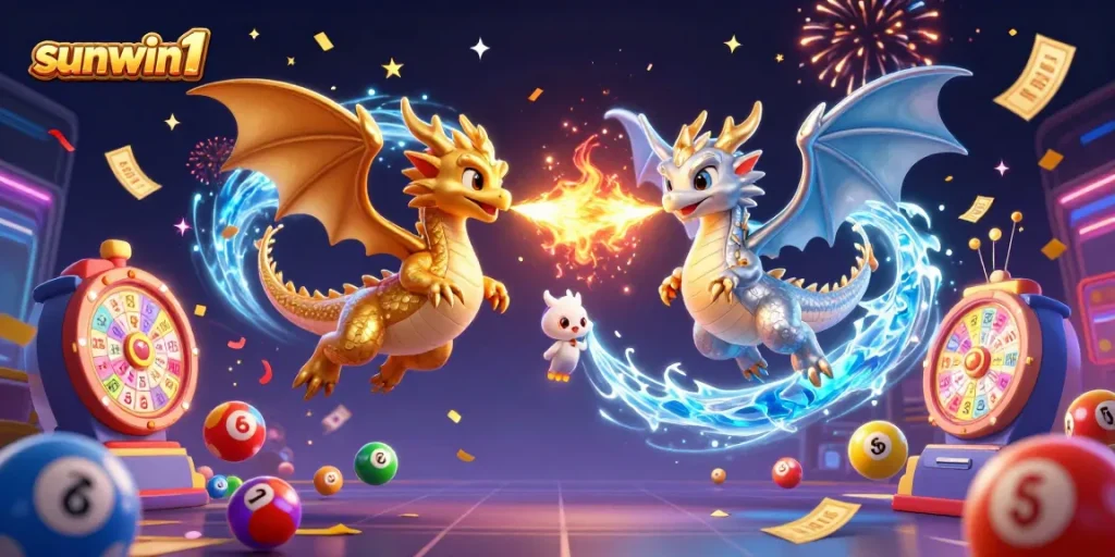 Experience excitement with sunwin1 as dragons battle in a colorful lottery-themed casino illustration.