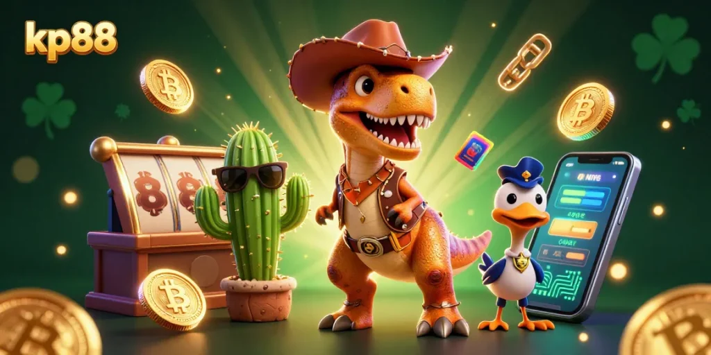 Experience the excitement of kp88 with vibrant casino characters amidst Bitcoin and Ethereum coins.