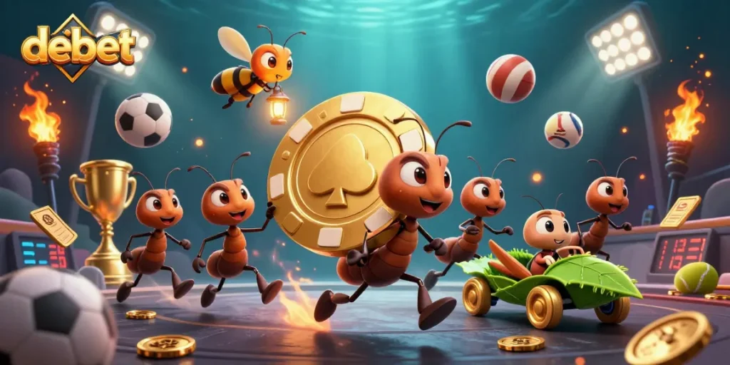 Watch debet's cartoon ants steal a massive poker chip in a vibrant casino scene filled with sports elements.