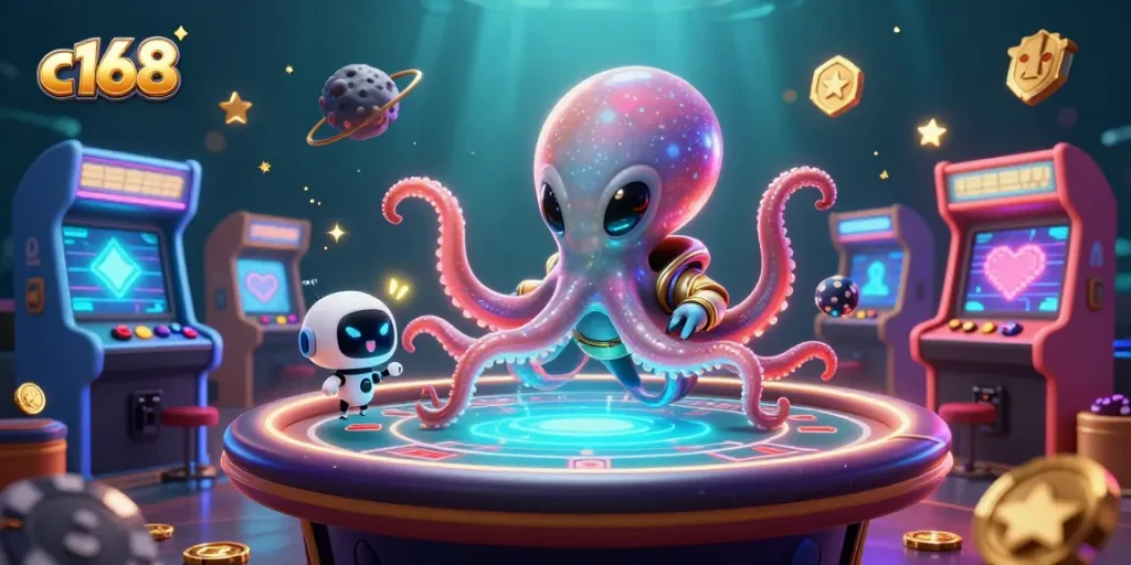 C168 rolls the dice for ultimate gaming fun as an octopus and robot play at a vibrant casino table.