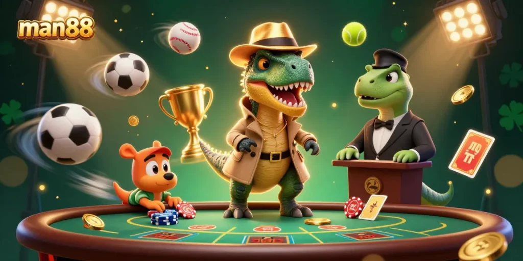 man88 showcases a lively casino scenario with a velociraptor card counter, a suspicious pit boss, and a sneaky compy at play.