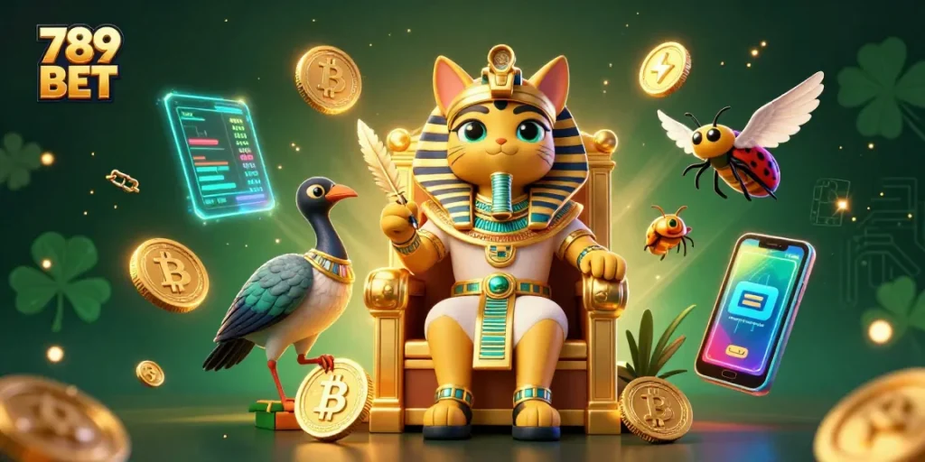 Play thrilling games with 789 BET in this vibrant 3D casino illustration showcasing Egyptian-themed characters and cryptocurrency elements.