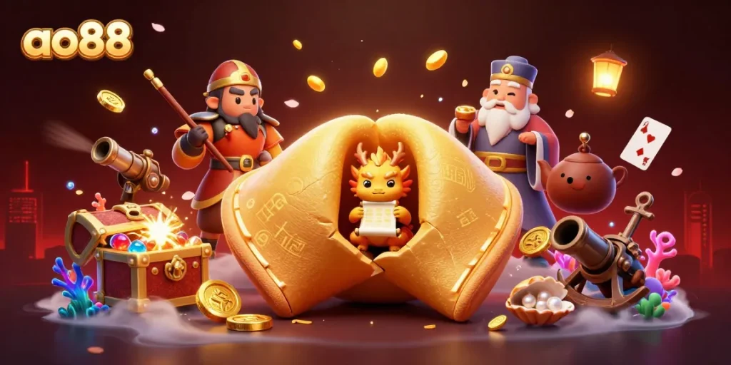 Experience thrilling gaming at ao88 with a magical scene featuring a dragon and treasures.