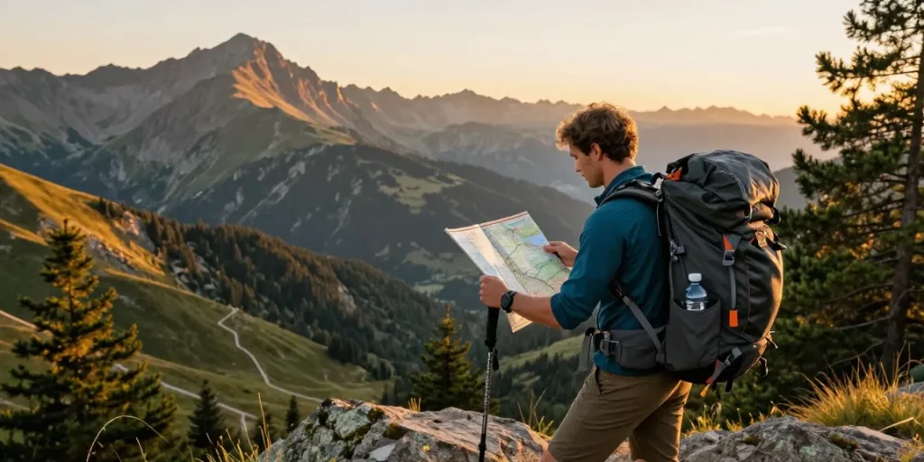 The adventurous hiker observes a trail map at sunset, showcasing outdoor gear relevant for the rokok88 login community.