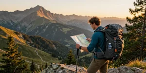 The adventurous hiker observes a trail map at sunset, showcasing outdoor gear relevant for the rokok88 login community.