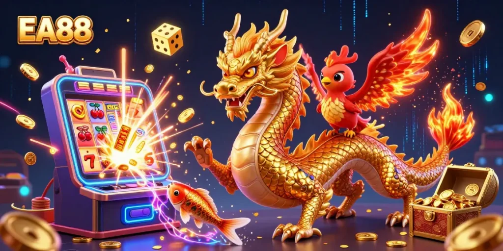 EA88 engages with a dynamic casino scene featuring a fierce dragon, phoenix, and koi fish amidst jackpot excitement.