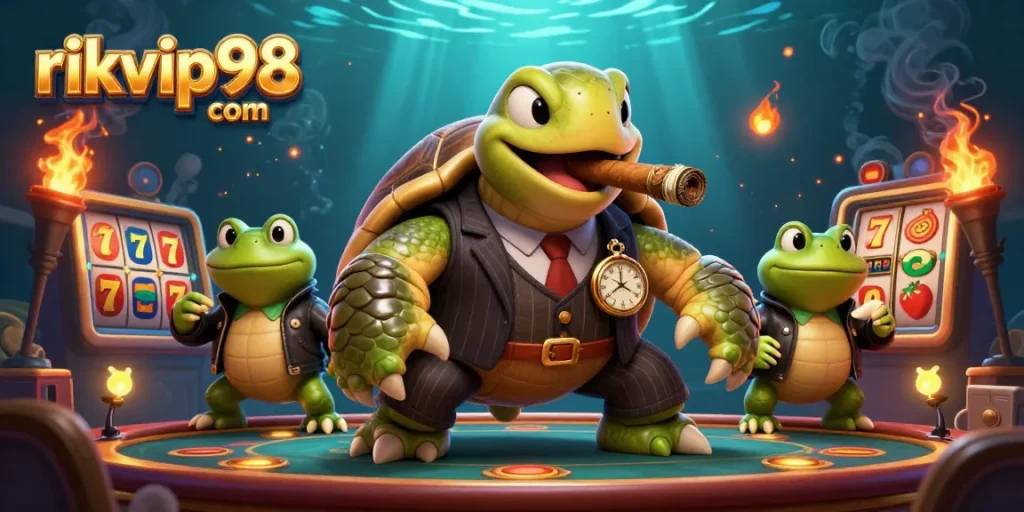Experience the excitement of game play at rikvip98 com with a vibrant casino-themed illustration featuring action-packed characters.