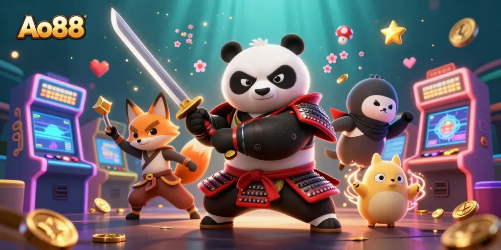 Join Ao88 for colorful gaming fun with samurai panda, ninja fox, and spirit tanuki in action.