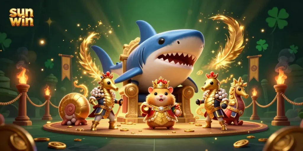 Experience the thrill of sun win with a vivid 3D scene of a golden hamster king and royal guards in a casino setting.